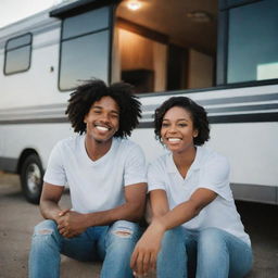 A young and joyous black couple sitting together in front of a modern RV, their faces aglow with happiness and positivity.