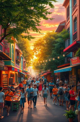 A concept of a vibrant and dynamic street scene known as 'Jalan Pennguasa', bustling with activity