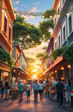 A concept of a vibrant and dynamic street scene known as 'Jalan Pennguasa', bustling with activity
