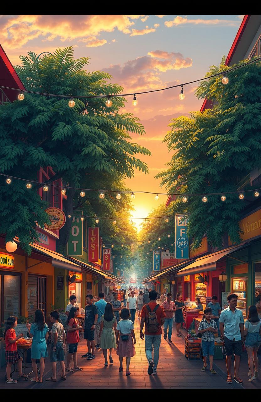 A concept of a vibrant and dynamic street scene known as 'Jalan Pennguasa', bustling with activity