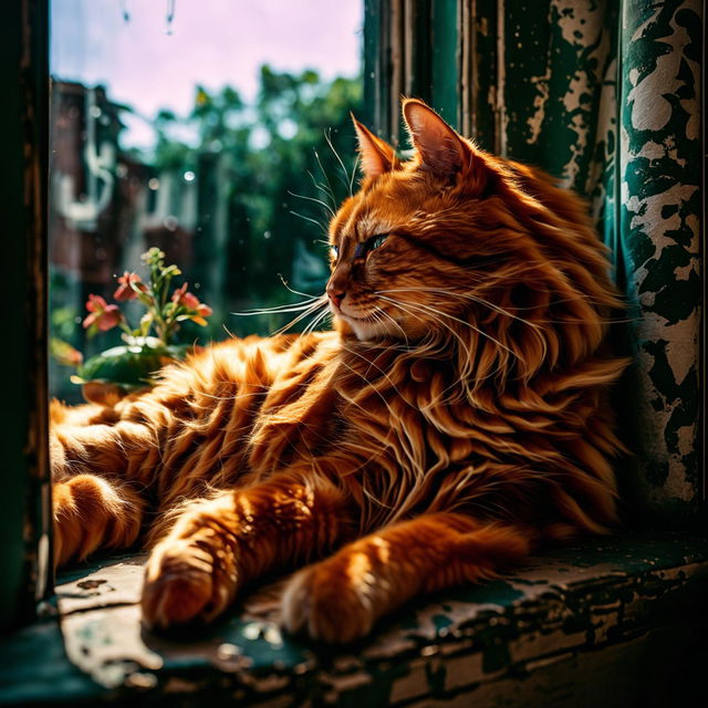 A vibrant ginger cat lounges on a sunlit windowsill, captured in high resolution with a Canon EOS R5.