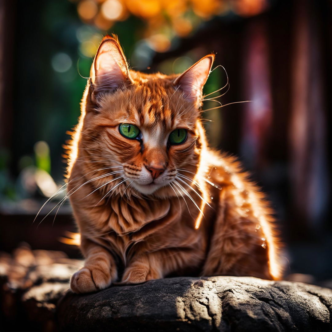 A vibrant ginger cat captured in high detail with a Canon EOS R5, its green eyes reflecting its surroundings, set against a softly blurred background.