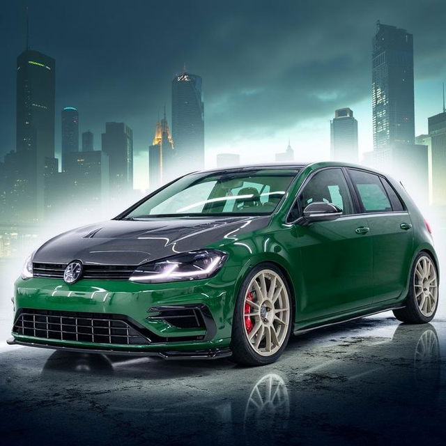 A sleek, modified Volkswagen Golf with a deep green body and a black hood, showcasing an aggressive stance