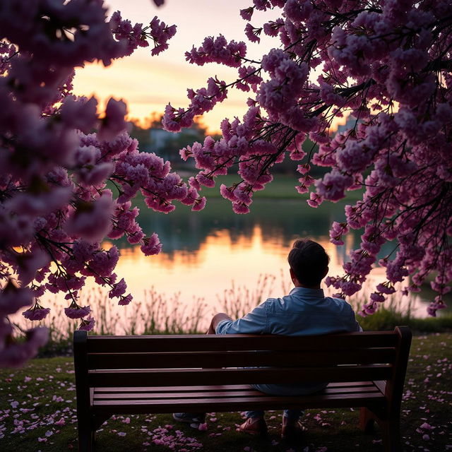 A serene garden scene featuring cherry blossoms in full bloom, vibrant pink flowers creating a beautiful canopy