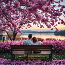 A serene garden scene featuring cherry blossoms in full bloom, vibrant pink flowers creating a beautiful canopy