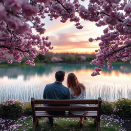 A serene garden scene featuring cherry blossoms in full bloom, vibrant pink flowers creating a beautiful canopy