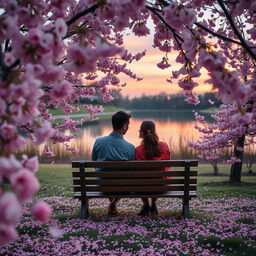A serene garden scene featuring cherry blossoms in full bloom, vibrant pink flowers creating a beautiful canopy