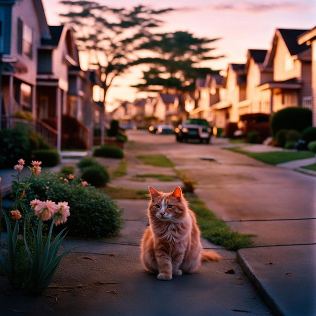 A ginger cat strolls leisurely through an upper-middle-class American suburb at dawn, captured in a wide-shot on Fujifilm Neopan Across 100.