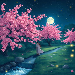 A serene garden scene featuring lush cherry blossoms in full bloom, vibrant pink petals softly illuminated by moonlight