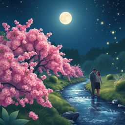 A serene garden scene featuring lush cherry blossoms in full bloom, vibrant pink petals softly illuminated by moonlight