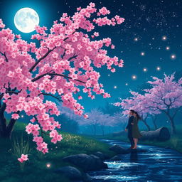 A serene garden scene featuring lush cherry blossoms in full bloom, vibrant pink petals softly illuminated by moonlight