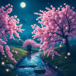 A serene garden scene featuring lush cherry blossoms in full bloom, vibrant pink petals softly illuminated by moonlight