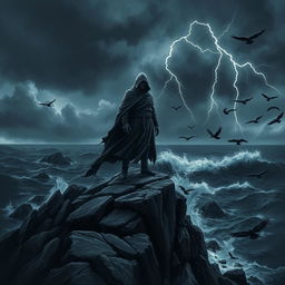 A dramatic scene depicting a figure standing boldly atop a rocky cliff, overlooking a dark and stormy ocean