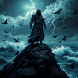 A dramatic scene depicting a figure standing boldly atop a rocky cliff, overlooking a dark and stormy ocean