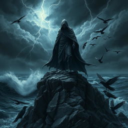 A dramatic scene depicting a figure standing boldly atop a rocky cliff, overlooking a dark and stormy ocean