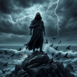 A dramatic scene depicting a figure standing boldly atop a rocky cliff, overlooking a dark and stormy ocean