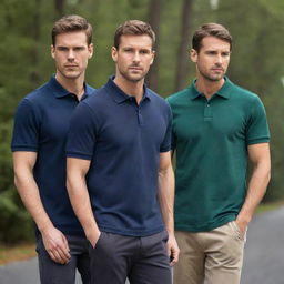 Three trendy men wearing solid colored polo shirts in distinct shades of navy blue, charcoal grey, and forest green, poised with a cool and casual attitude.