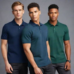 Three trendy men wearing solid colored polo shirts in distinct shades of navy blue, charcoal grey, and forest green, poised with a cool and casual attitude.