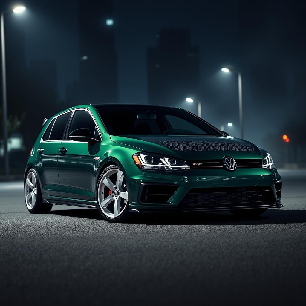 A dark green MK7 VW Golf R featuring an aggressive body kit and a sleek carbon fiber hood