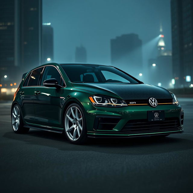 A dark green MK7 VW Golf R featuring an aggressive body kit and a sleek carbon fiber hood