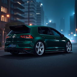 A dark green MK7 VW Golf R featuring an aggressive body kit and a sleek carbon fiber hood