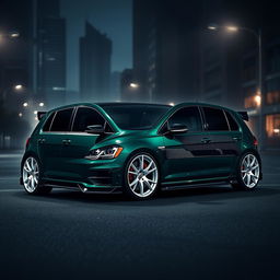 A dark green MK7 VW Golf R featuring an aggressive body kit and a sleek carbon fiber hood