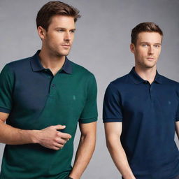 Three trendy men wearing solid colored polo shirts in distinct shades of navy blue, charcoal grey, and forest green, poised with a cool and casual attitude.