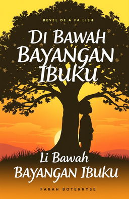 A book cover for the novel titled "Di Bawah Bayangan Ibuku" featuring a silhouette of a young boy standing underneath a large tree, where the silhouette of the tree resembles the shape of a mother figure named Farah