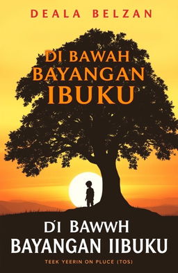 A book cover for the novel titled "Di Bawah Bayangan Ibuku" featuring a silhouette of a young boy standing underneath a large tree, where the silhouette of the tree resembles the shape of a mother figure named Farah