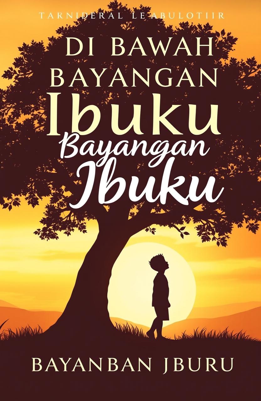 A book cover for the novel titled "Di Bawah Bayangan Ibuku" featuring a silhouette of a young boy standing underneath a large tree, where the silhouette of the tree resembles the shape of a mother figure named Farah