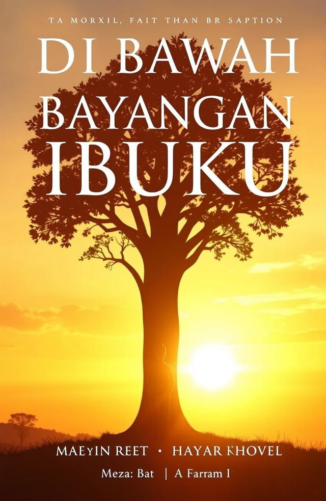 A book cover for the novel titled "Di Bawah Bayangan Ibuku" featuring a silhouette of a young boy standing underneath a large tree, where the silhouette of the tree resembles the shape of a mother figure named Farah