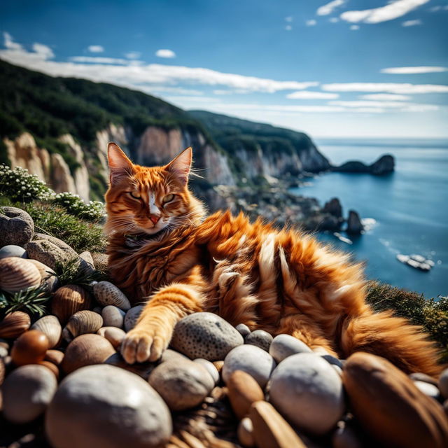 Extreme long shot of a ginger cat relaxing in a coastal naturescape, captured with a Canon EOS R5.