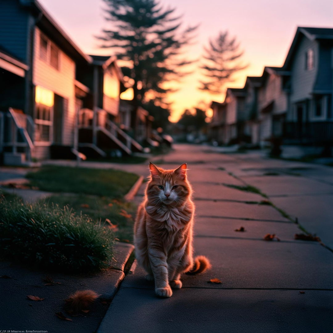 An ultra-detailed HD image of a ginger cat strolling through American suburbs at dawn, shot on Fujifilm Neopan Across 100.