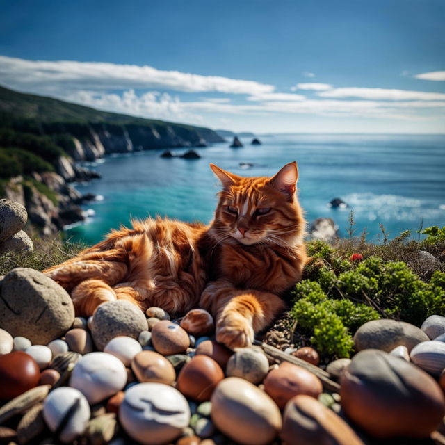 Focused extreme long shot of a ginger cat relaxing in a coastal naturescape, captured with a Canon EOS R5.