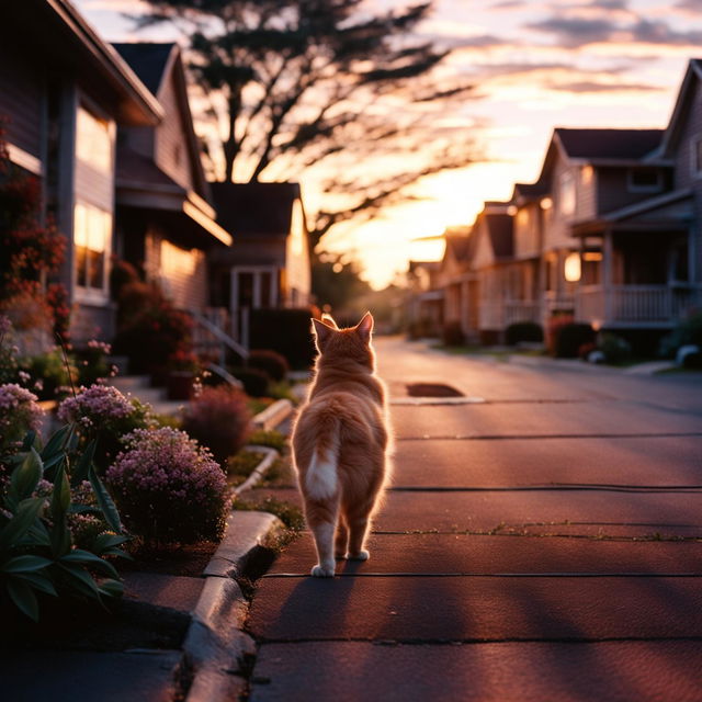 HD ultra-detailed wide-shot of a ginger cat strolling through American suburbs at dawn, shot on Fujifilm Neopan Across 100.