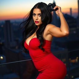 A stunning, sexy woman with an hourglass figure, wearing a tight-fitting red dress that accentuates her curves