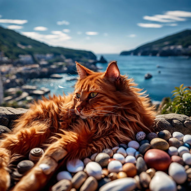 8K extreme long shot of a ginger cat relaxing in a coastal naturescape, captured with a Canon EOS R5.