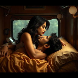 A sensual depiction of Nushrat Bharucha as a 20-year-old young woman with striking red lipstick, expressing intimacy while passionately kissing a guy