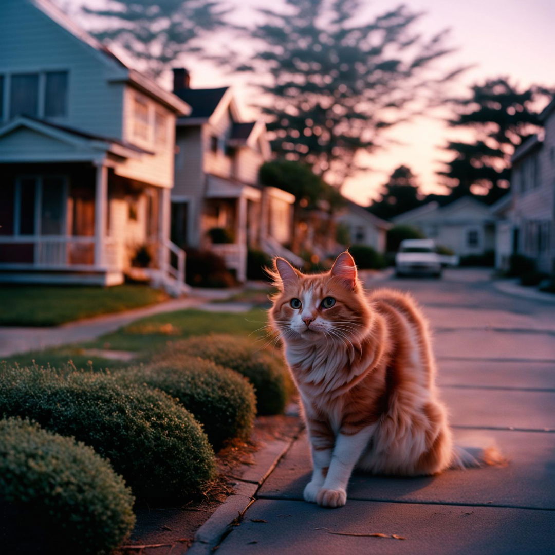 HD ultra-detailed wide-shot of a curious ginger cat exploring American suburbs at dawn, shot on Fujifilm Neopan Across 100.