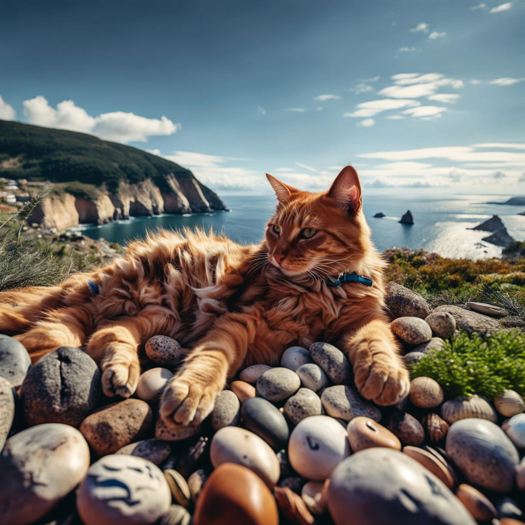 8K extra long shot of a ginger cat relaxing in a coastal naturescape, captured with a Canon EOS R5.