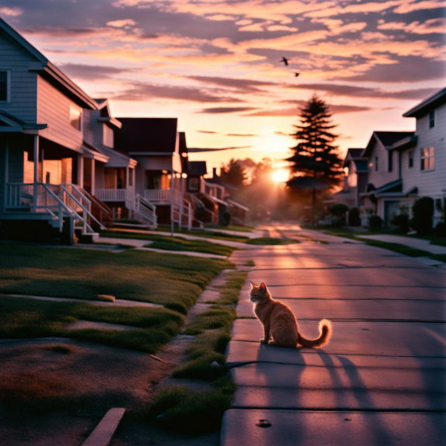 High-definition photograph of a curious ginger cat in an American suburb at dawn, shot on Fujifilm Neopan Across 100 version 5.2.