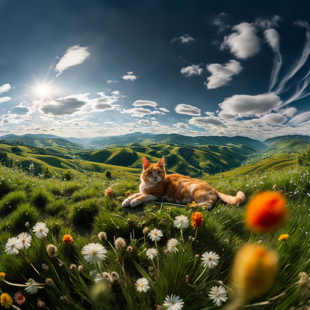 8K EWS of a ginger cat relaxing on a lush hillside under a clear sky, taken with a Canon EOS R5.