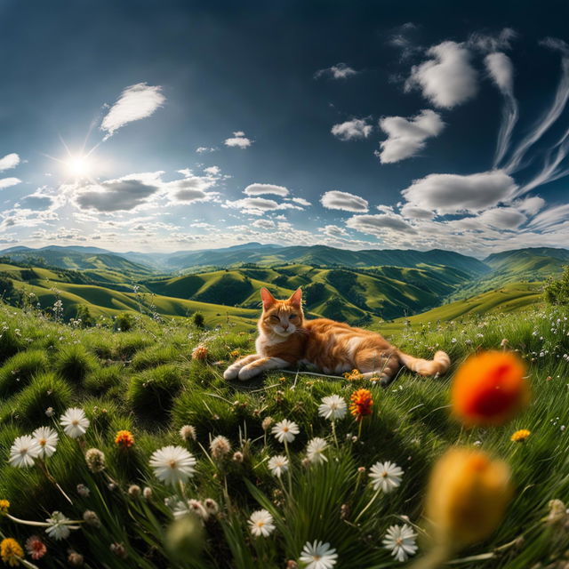 8K EWS of a ginger cat relaxing on a lush hillside under a clear sky, taken with a Canon EOS R5.