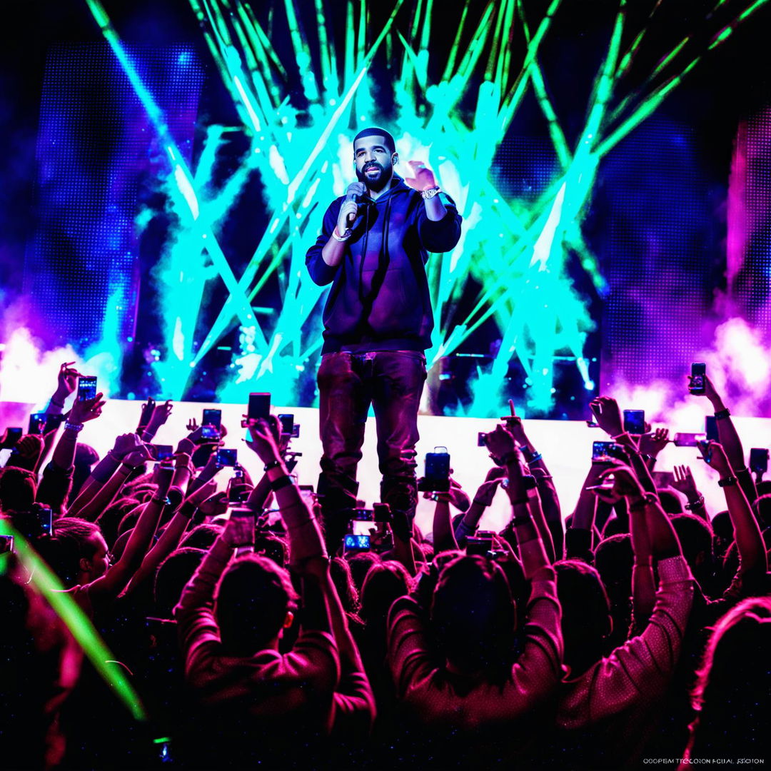 Digital art of Drake performing at a rap concert under neon lights with an ecstatic crowd.