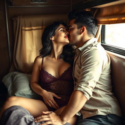 A sensual and intimate scene featuring a young woman, aged 20, resembling a beautiful actress, dressed in alluring lingerie