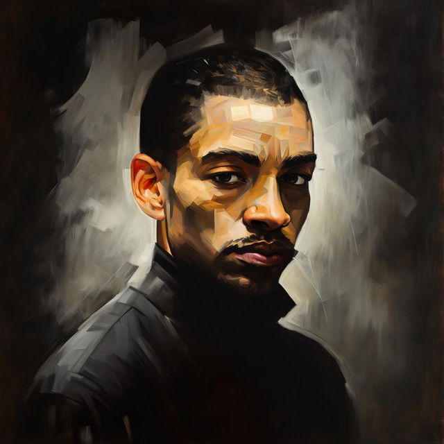 Oil painting of Drake in 'Take Care' style with introspective expression and muted background.