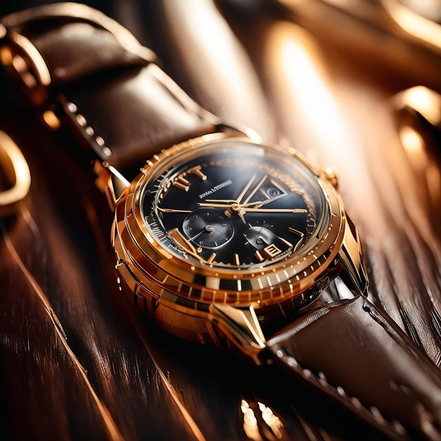 A Patek Philippe style intricate watch on a polished mahogany table under soft light, with a deep black dial adorned with gold Roman numerals and a high-quality brown leather strap.