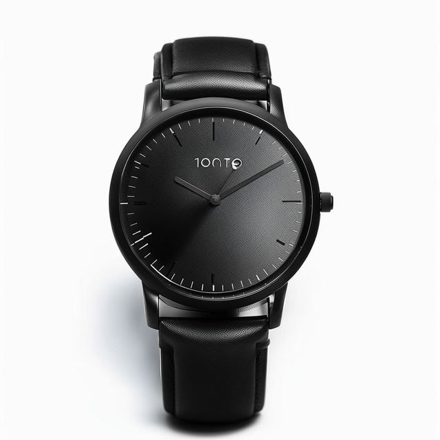 Minimalist all-black watch on a white background in a product editorial style.