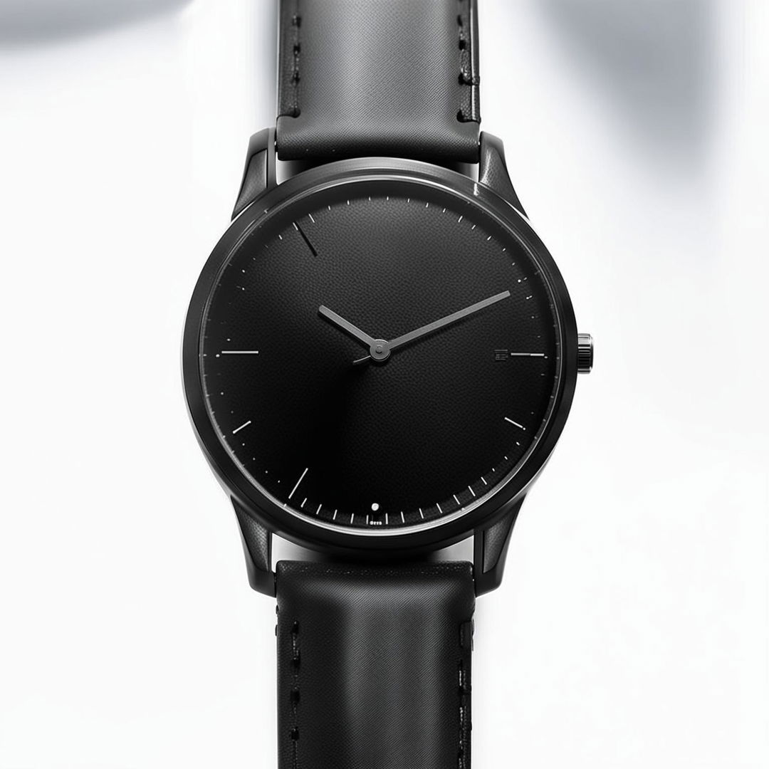 Ultra-minimalist all-black watch with no branding on a stark white background in a product editorial style.