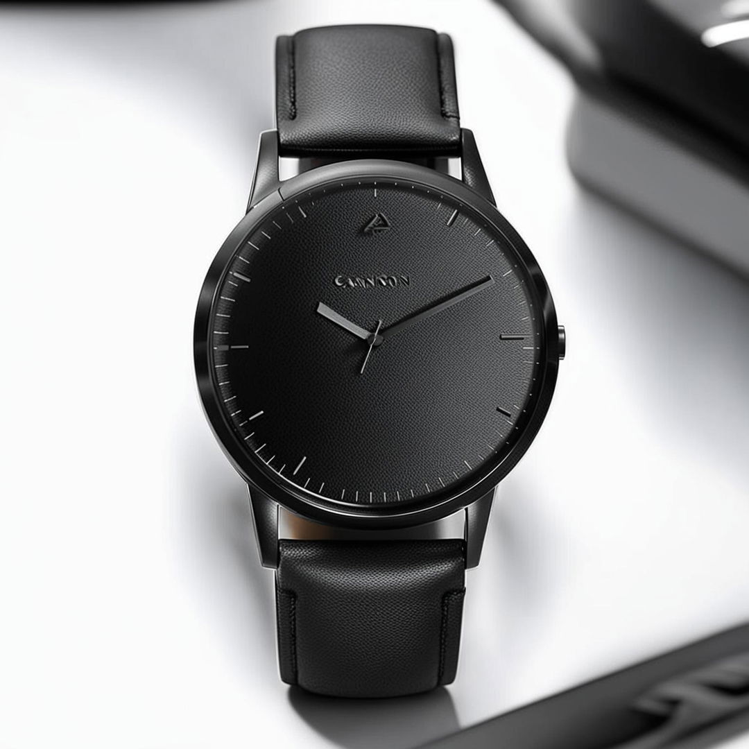 Product editorial of an ultra-minimalist all-black watch with no branding, set against a stark white background.